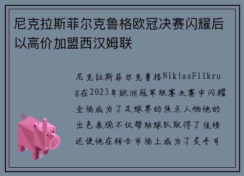 尼克拉斯菲尔克鲁格欧冠决赛闪耀后以高价加盟西汉姆联